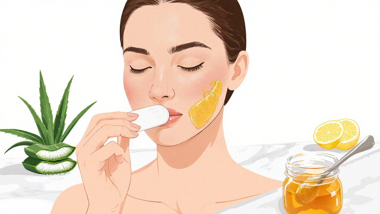 Woman gently removing hair from her upper lip with honey wax and a cotton strip.