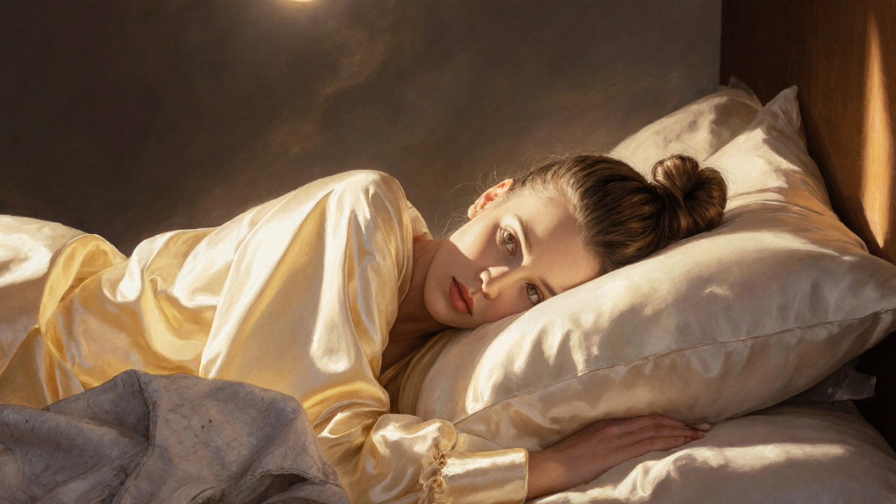 Woman sleeping with hair twisted in a bun on a silk pillowcase, extensions looking smooth and healthy.