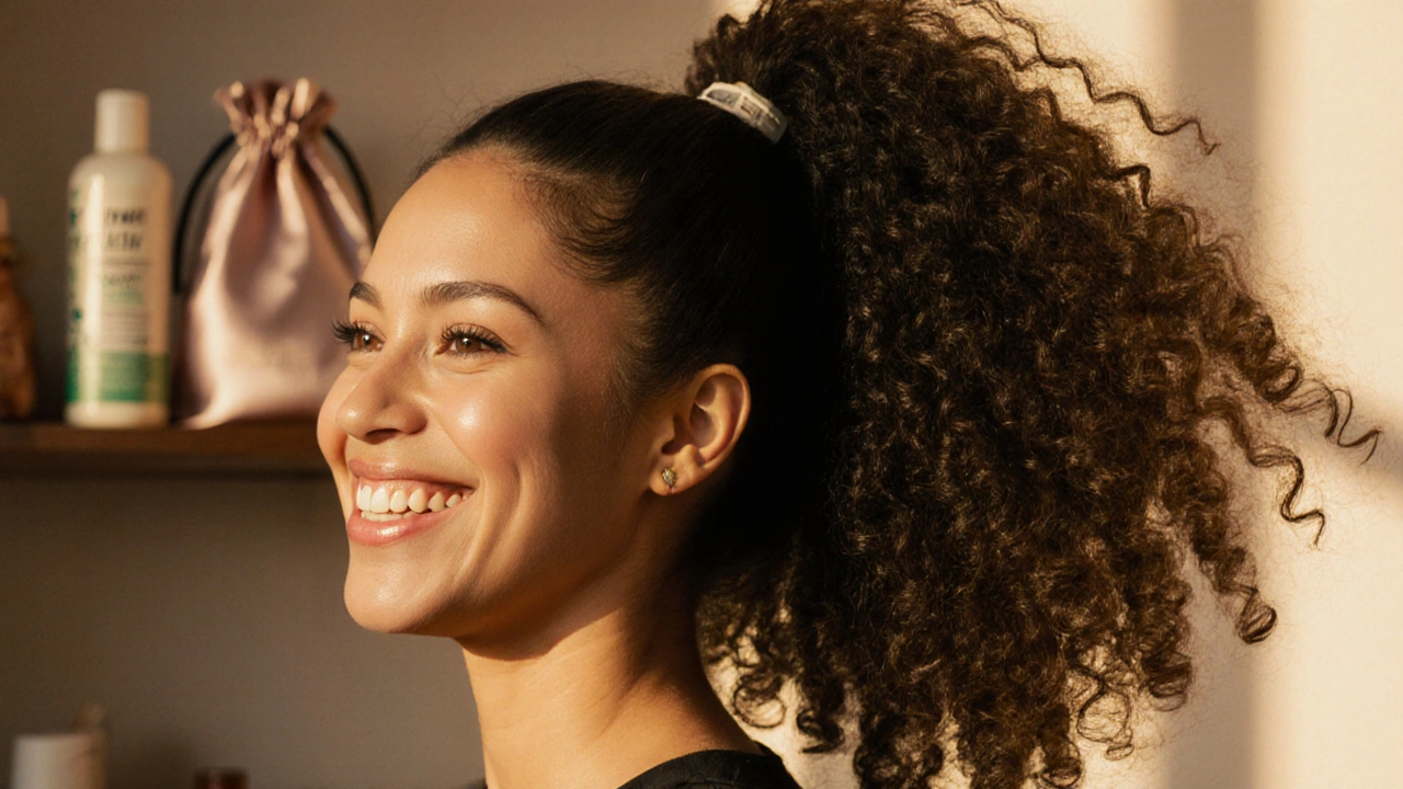 Woman with curly natural hair styling a voluminous ponytail using matching clip-in extensions, no visible clips.