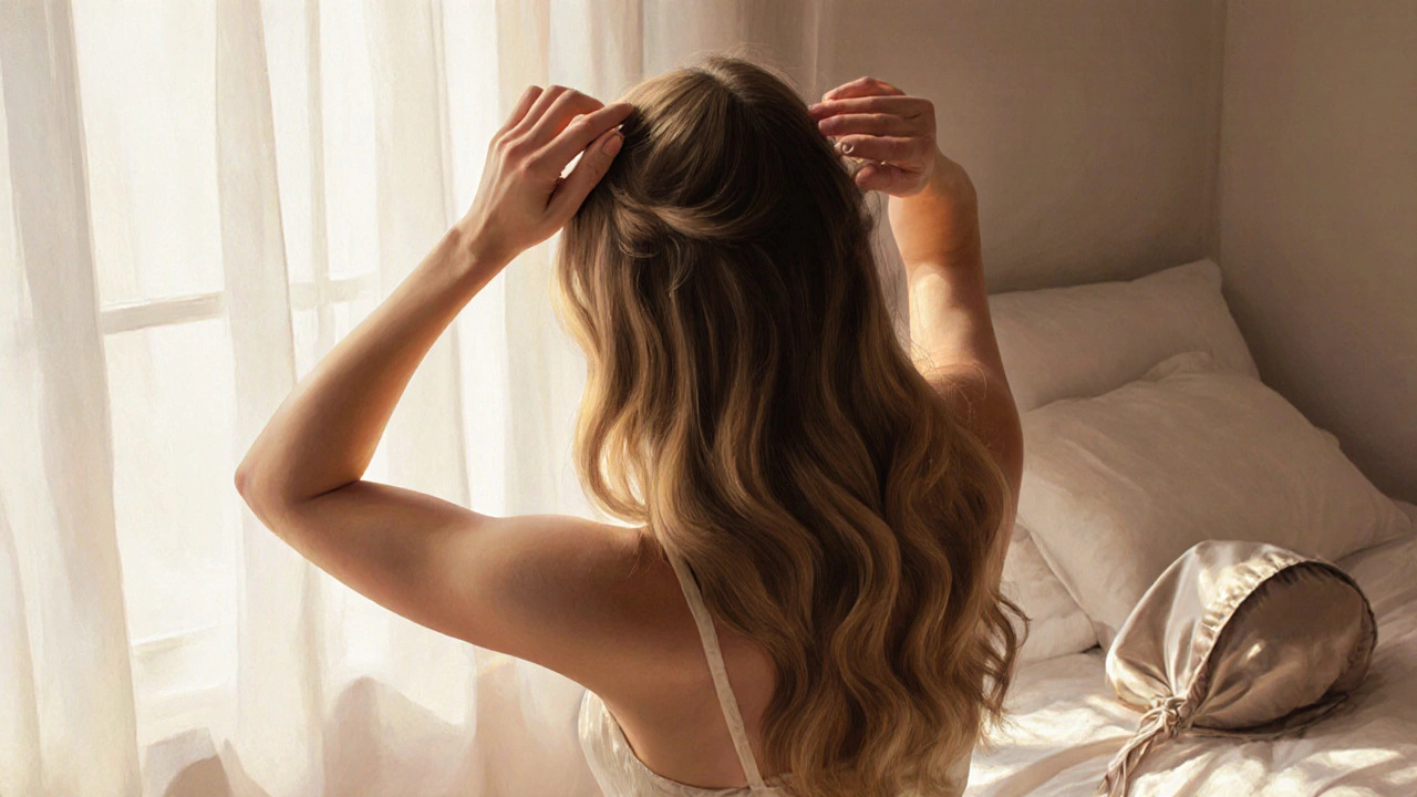Woman with natural-looking micro ring extensions, hair flowing softly in sunlight.