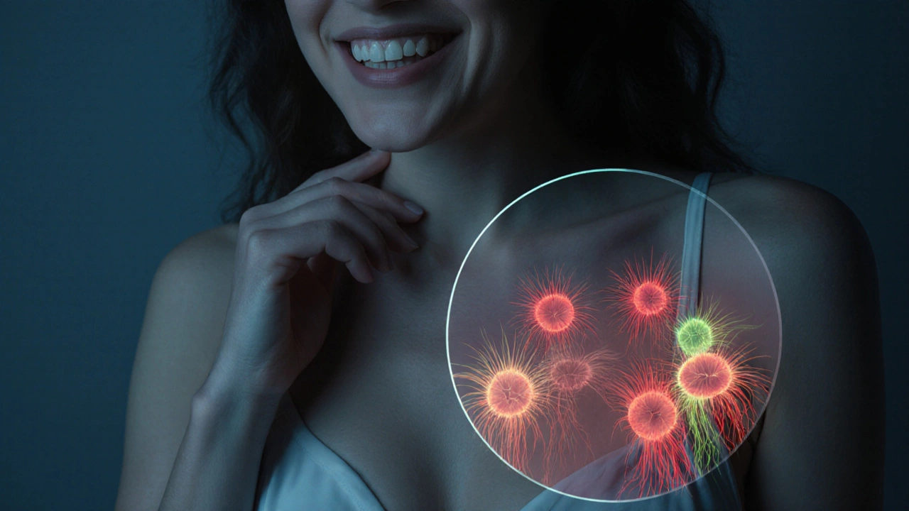 Woman with smooth skin and transparent view of hair follicles, healthy vs. broken hairs.