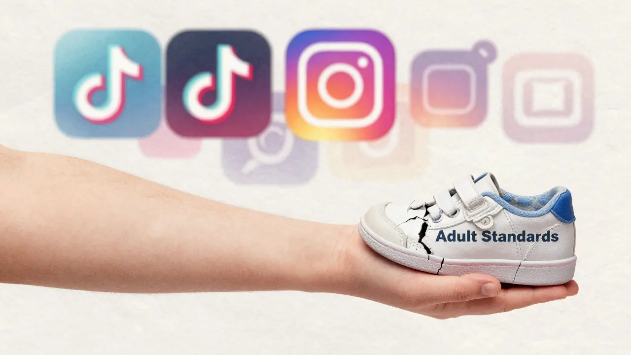 A child's arm with natural hair transitioning into a too-small adult shoe, symbolizing mismatched beauty standards.