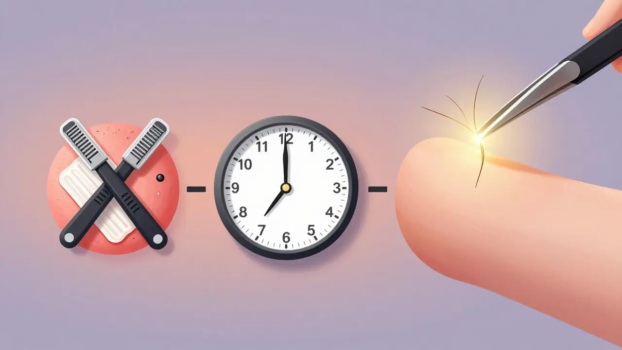 A conceptual timeline showing irritated skin transforming to calm skin with tweezing as the solution.