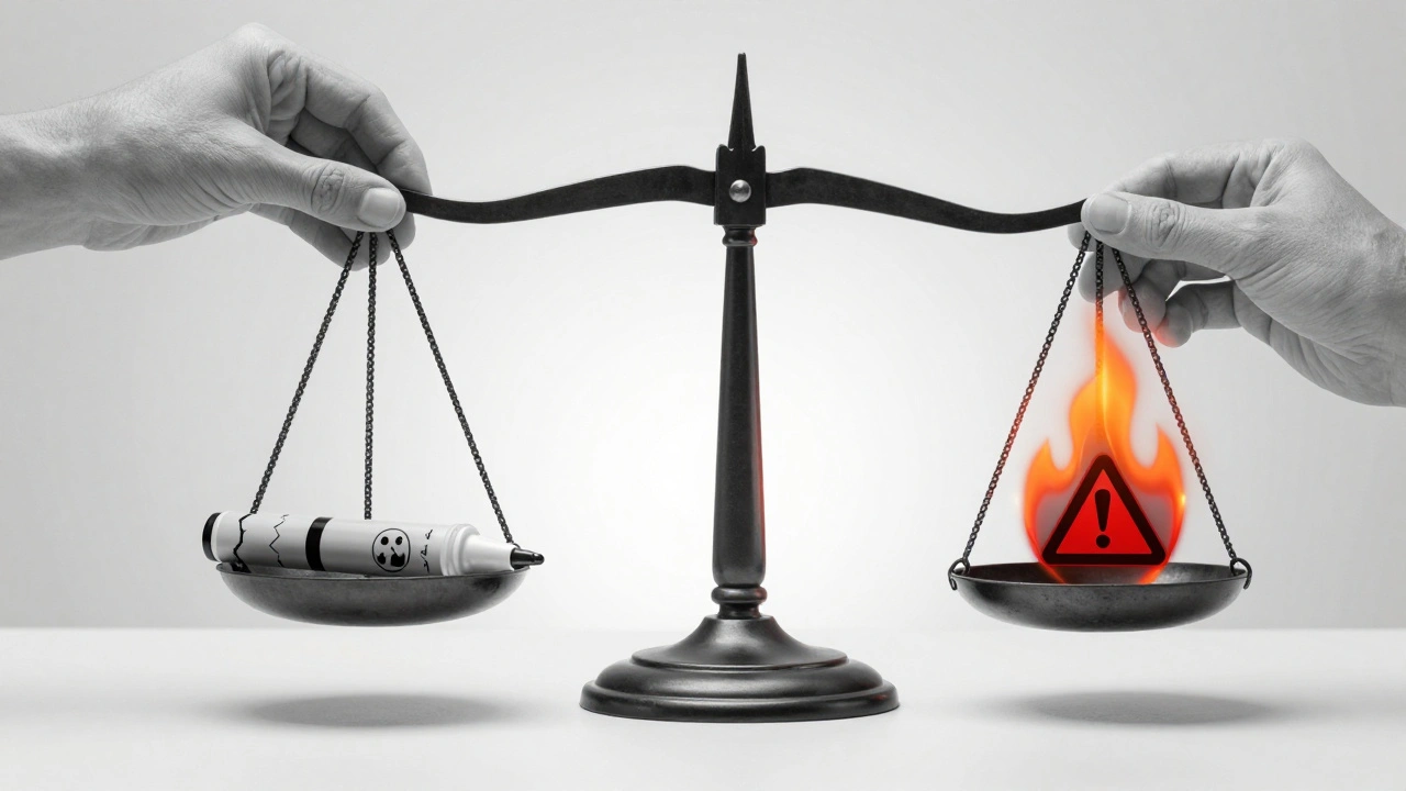 A human eyebrow balanced on a scale, one side safe tools, the other dangerous wax pen and fire.