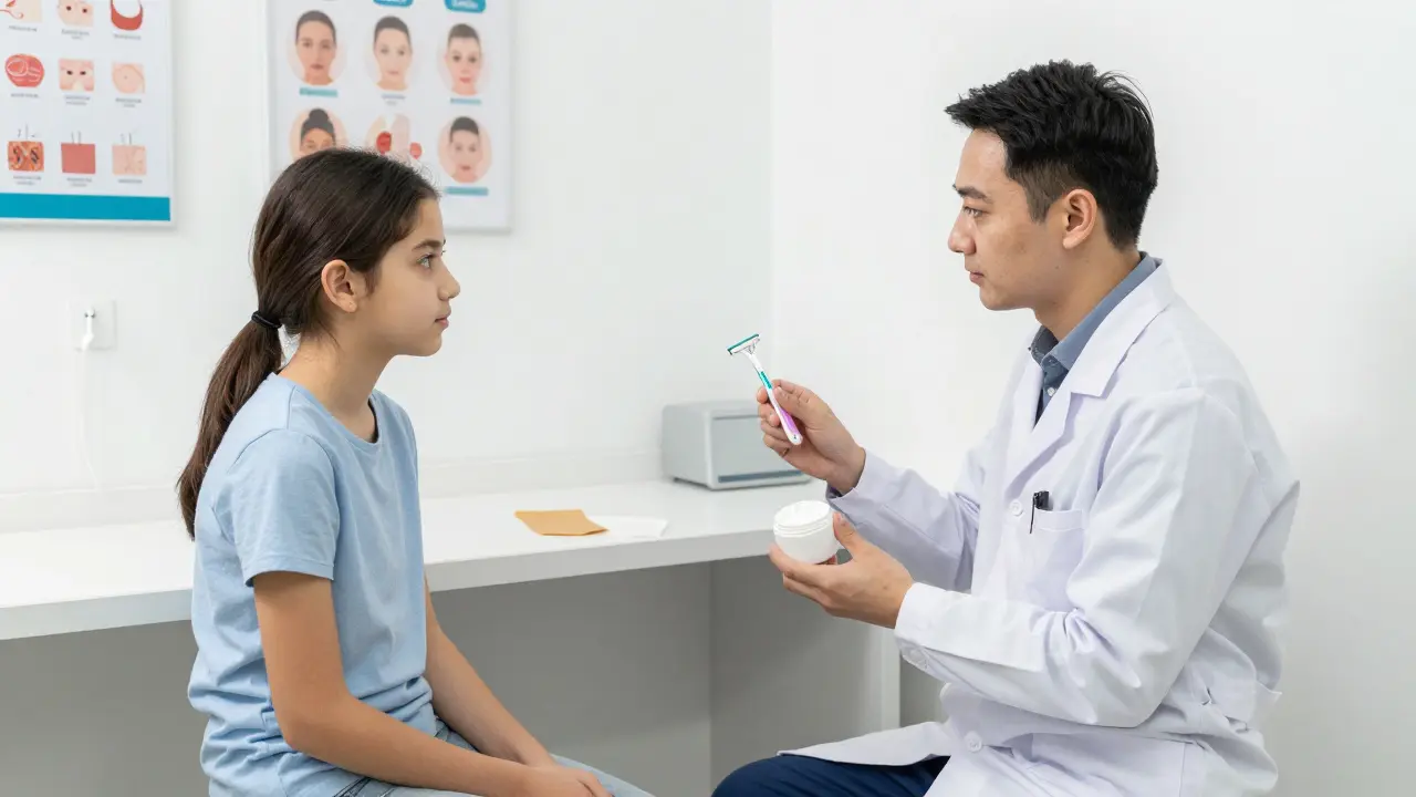 A pediatrician showing a teen safe shaving tools while a waxing kit remains unused on the counter.