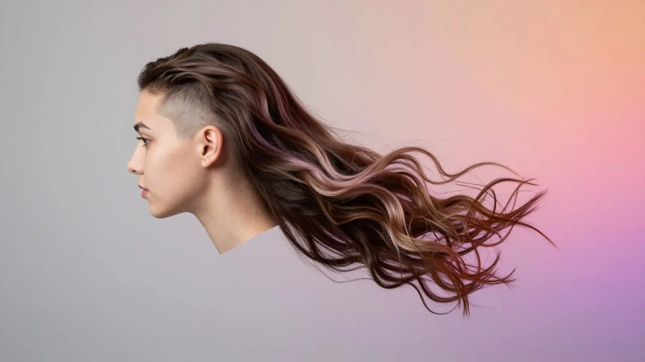 A strand of hair transforms from short to long with pastel highlights, symbolizing freedom.
