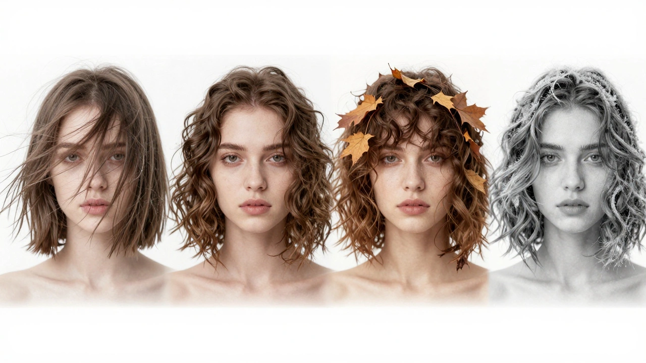 A textured bob shown across four seasons, symbolizing its timeless, low-maintenance appeal.