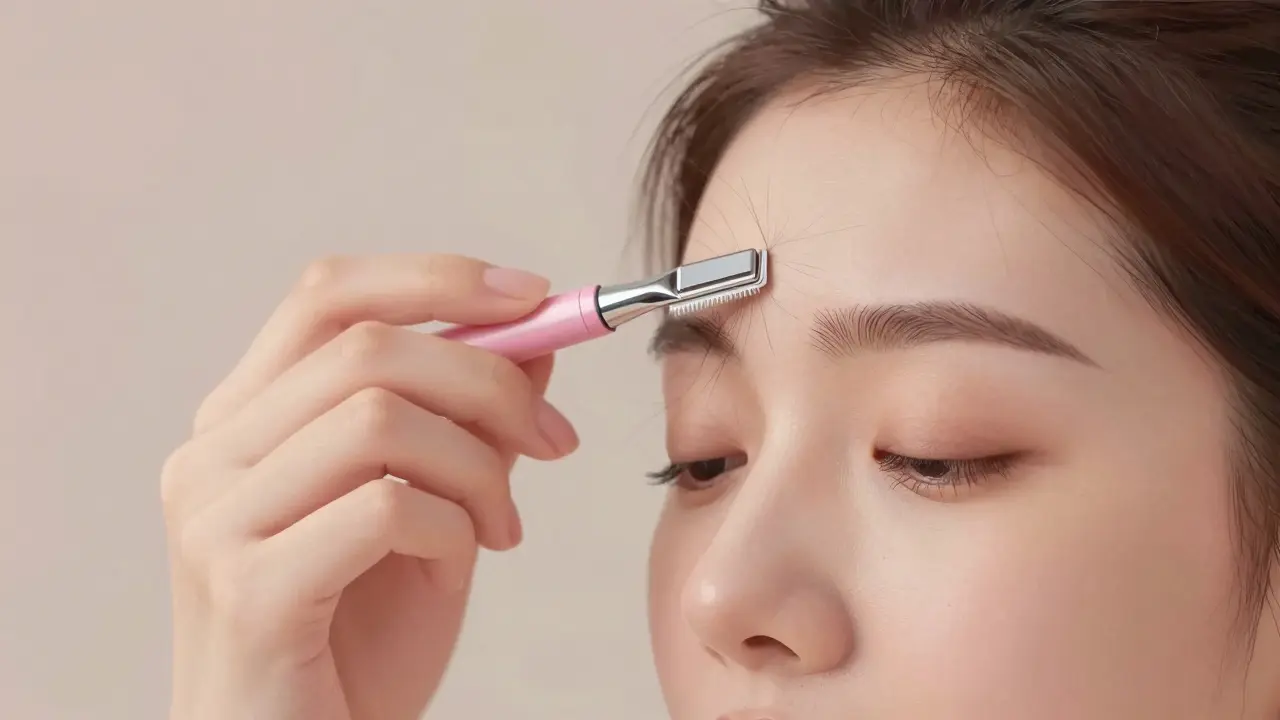 A woman gently trimming eyebrow hairs with a small guarded trimmer, hair floating in the air.