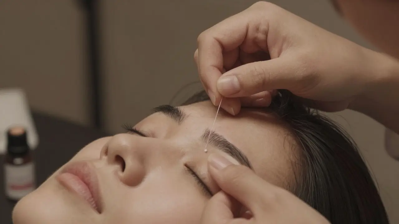 An artist performing precise threading on a client's eyebrow with fine cotton thread.