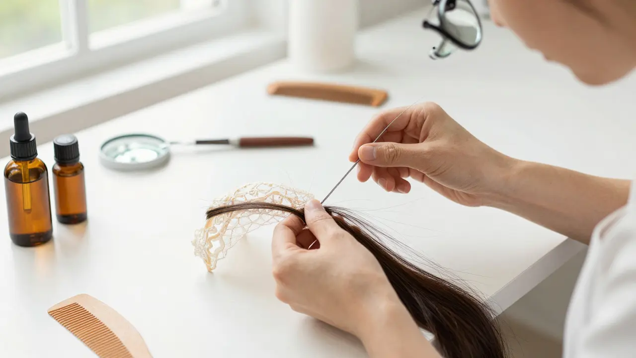 Artisan carefully hand-tying hair strands onto a lace wig base in a bright, tidy workshop.