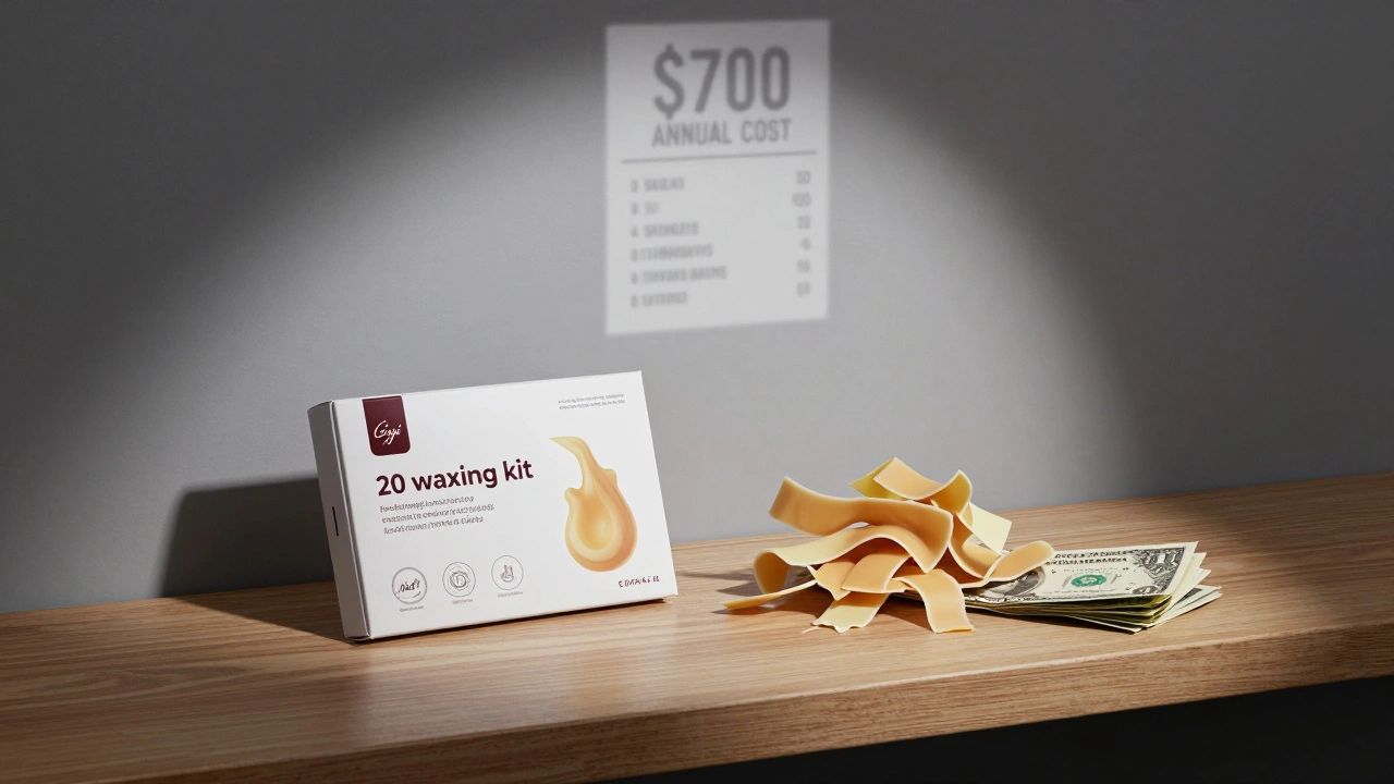 At-home eyebrow waxing kit beside a dollar bill, with faded salon receipt in background