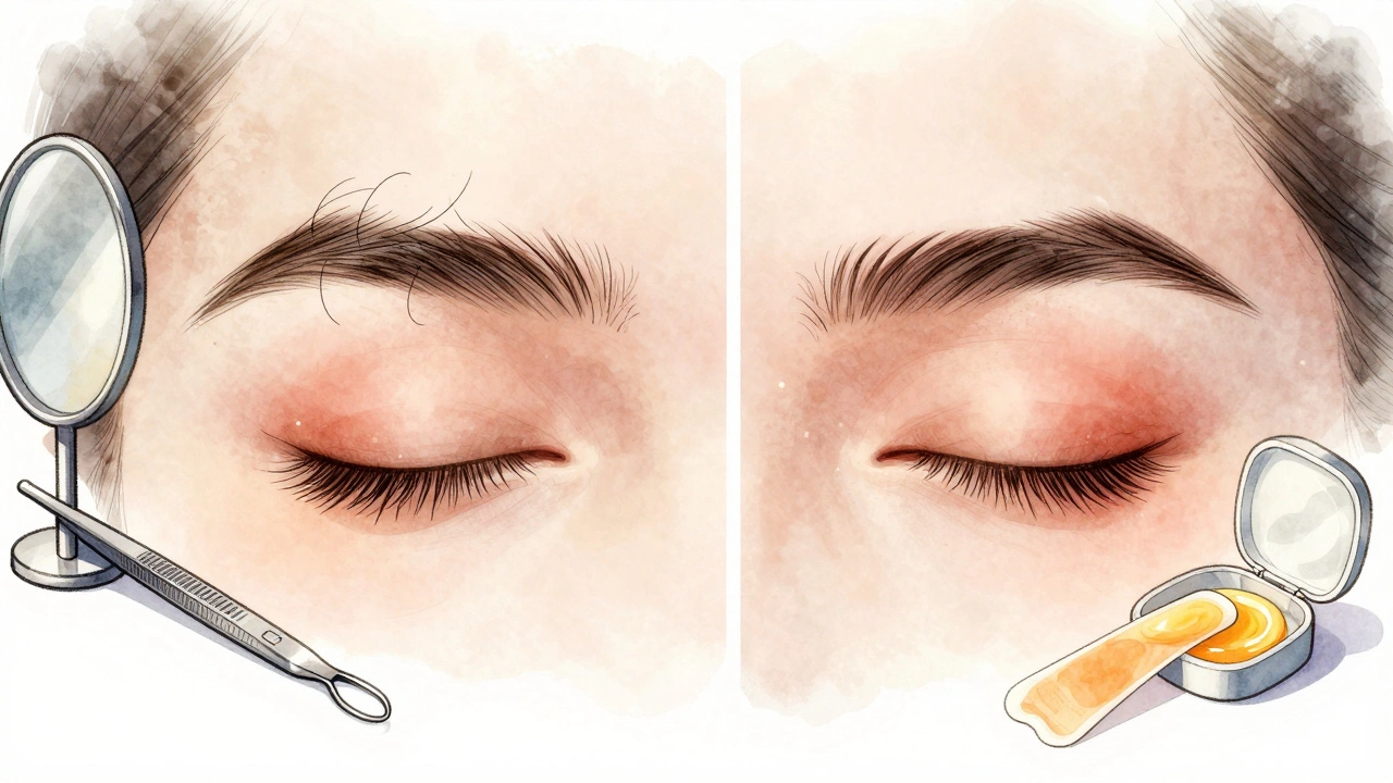 Before and after eyebrow transformation: messy brows vs. perfectly shaped, waxing kit visible