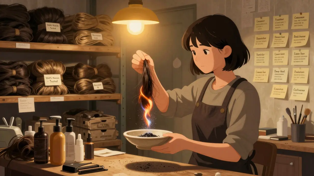 Business owner performing burn test on hair strand in warehouse, shelves of bundles behind them.