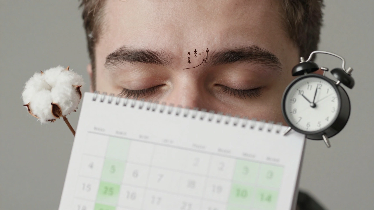 Calendar highlighting optimal days for threading with symbolic hormone and thread icons.