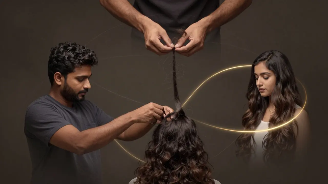 Circular pathway showing hair’s ethical journey from donor to wearer, connected by golden threads.