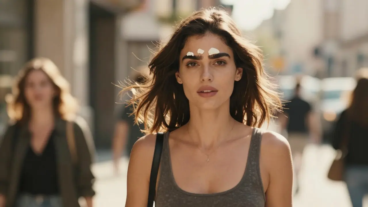 Confident woman walking outdoors with perfectly shaped natural eyebrows.