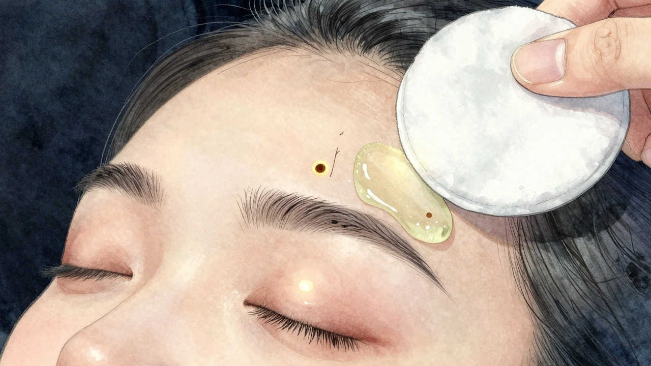Delicate eyebrow area with aloe vera gel and witch hazel cotton pad, open follicles glowing softly.