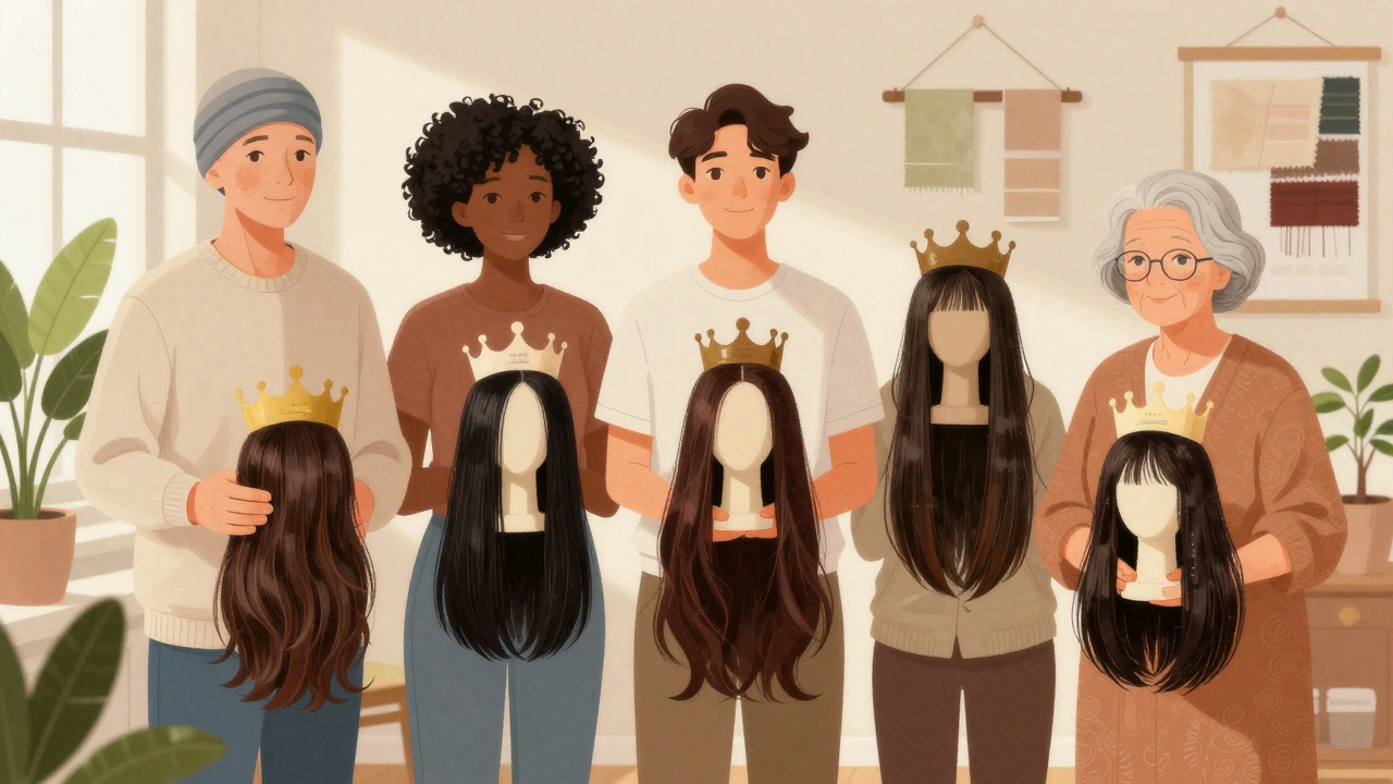 Diverse group holding human hair wigs with pride in a sunlit room.