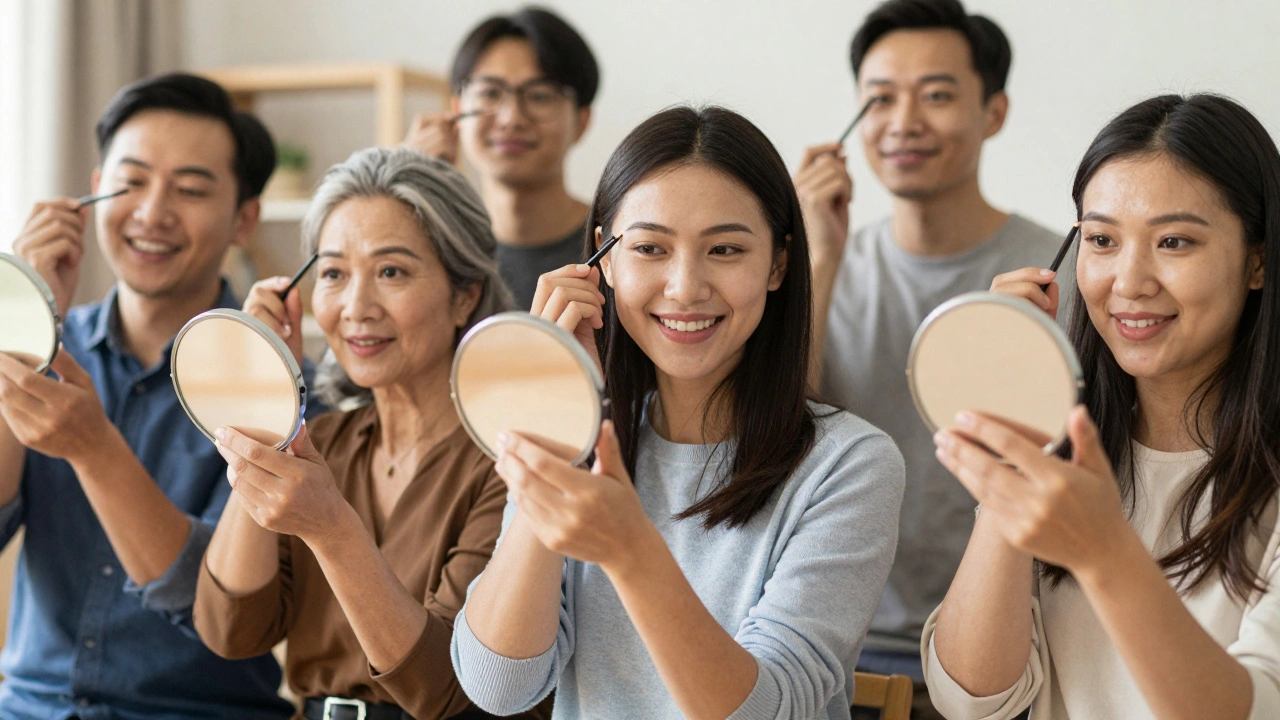 Diverse group of people confidently grooming their eyebrows with eyebrow pencils.