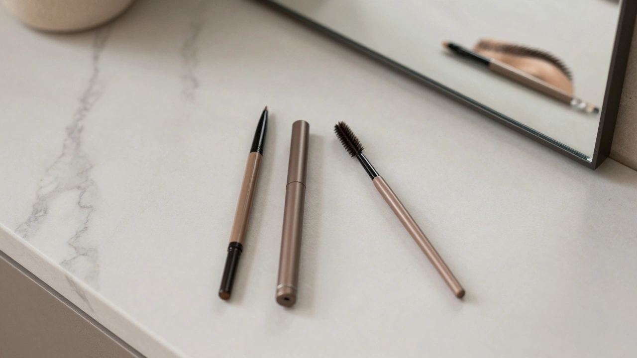 Eyebrow pencil, clear gel, and spoolie brush arranged neatly on a marble surface.