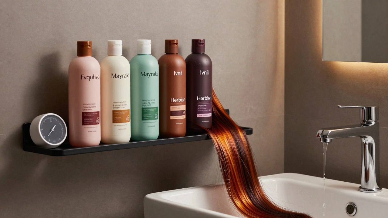 Four hair color shampoos on shelf with water dripping and colored hair strands glowing