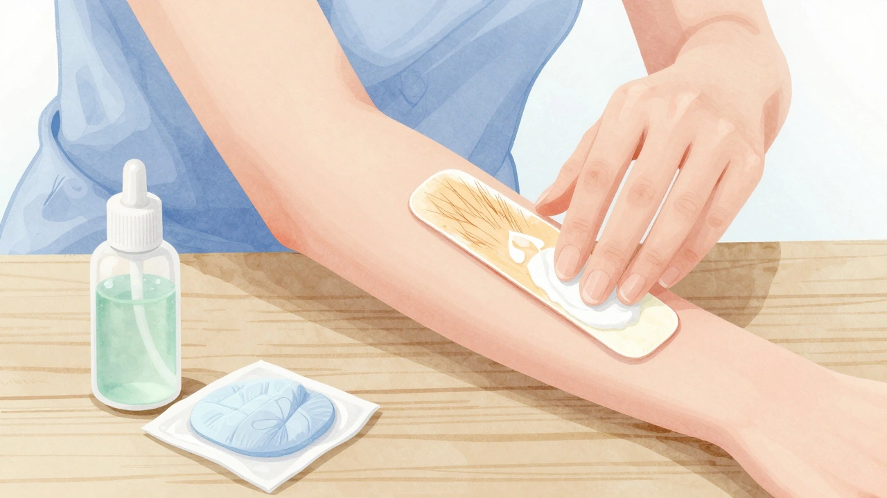 Gentle waxing of upper arm with clean hair removal and calming post-care items nearby.