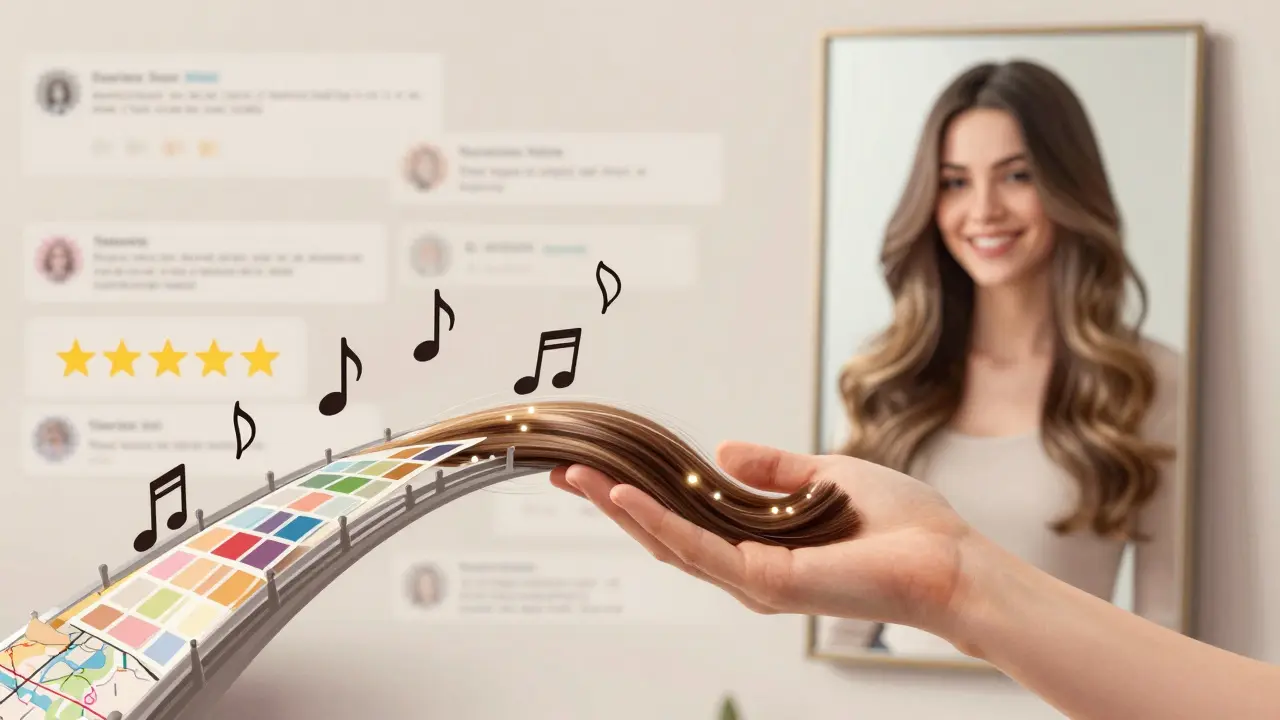 Hair strand transforming into educational bridge leading to confident customer with flawless extensions.