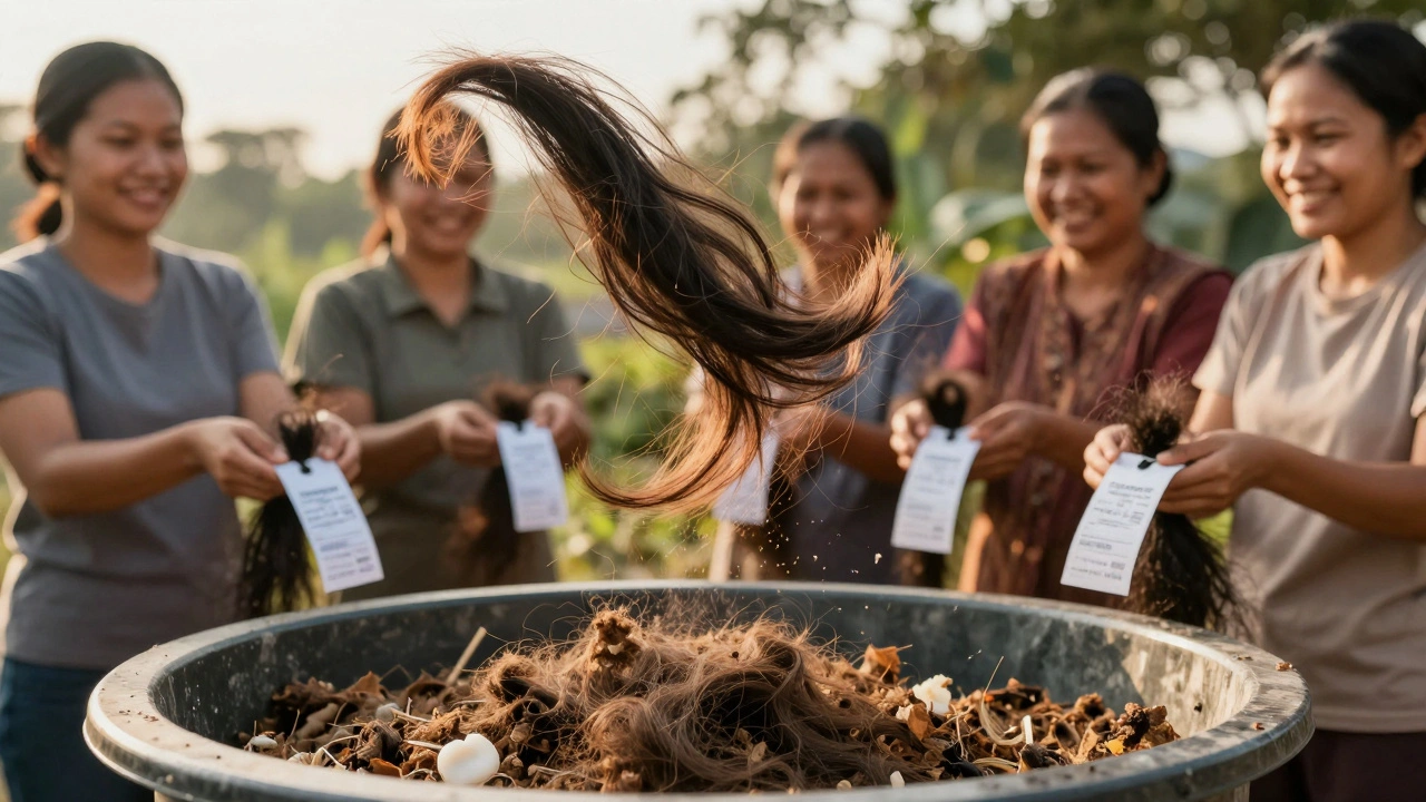 Human hair strand transforming into a wig above a compost bin with women in background.