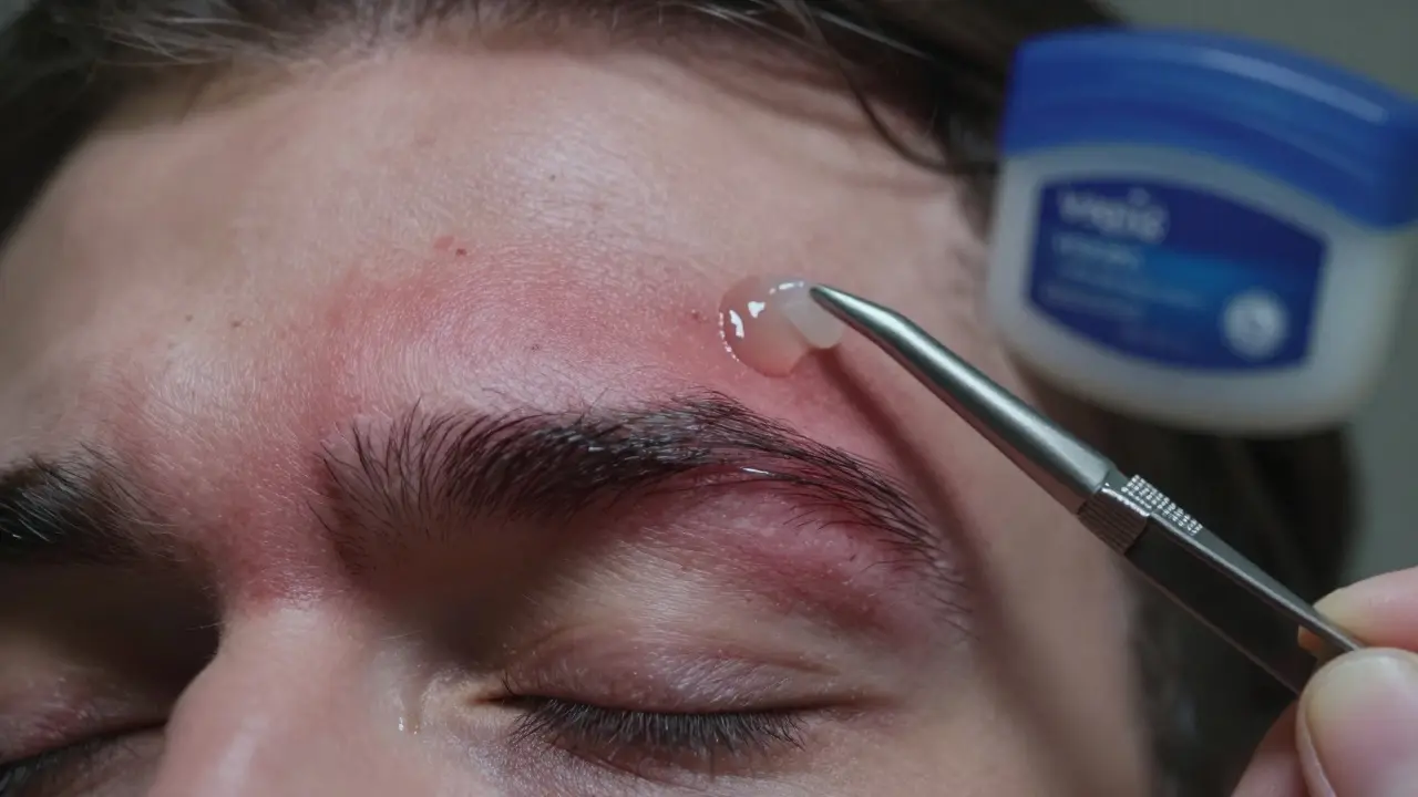 Irritated skin from a wax burn with petroleum jelly applied, showing signs of recovery.