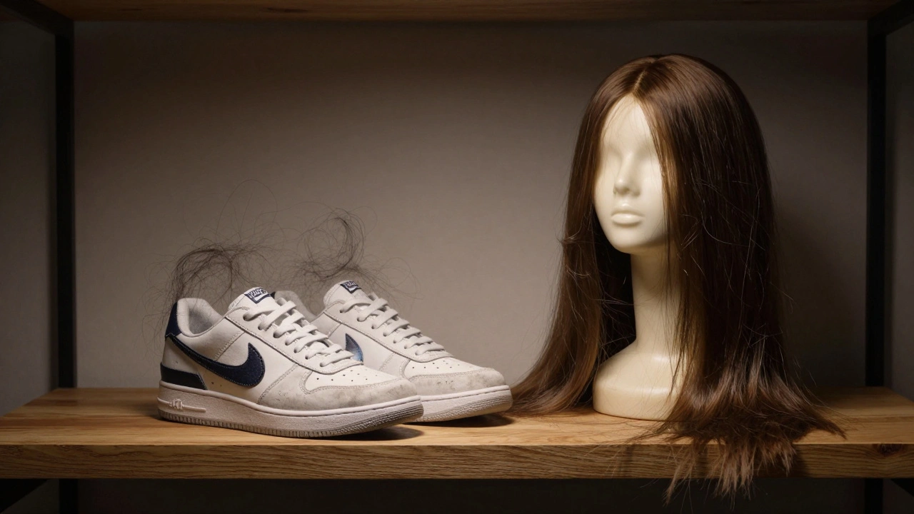 Luxury sneakers and Remy hair extensions side by side, symbolizing care for valuable items.