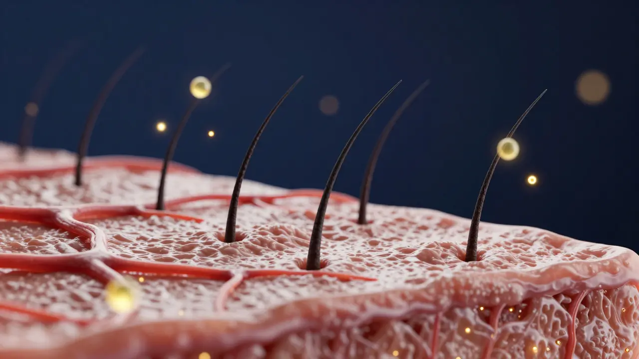 Magnified eyebrow follicle with growing hairs and nutrient particles, scientific yet artistic style.