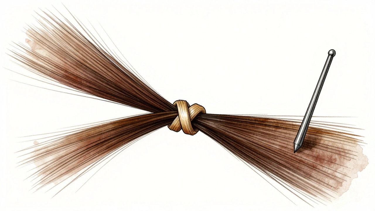 Microscopic artistic view of a keratin bond fusing with a hair strand in watercolor style.