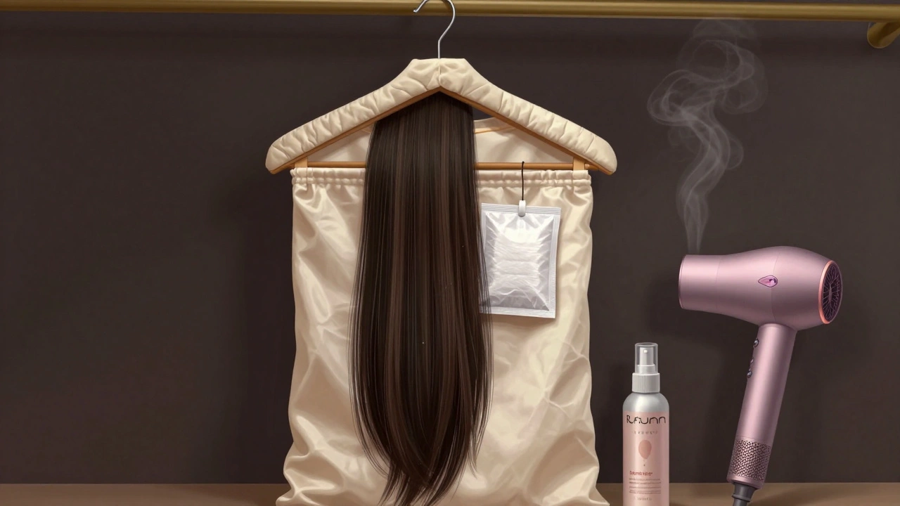 Remy hair extensions stored in a silk bag with silica packet on a padded hanger.