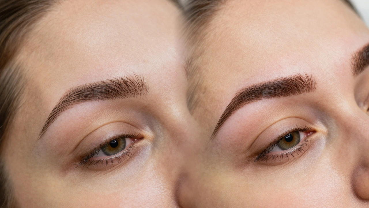 Side-by-side comparison of faded microblading and fresh powder fill brows
