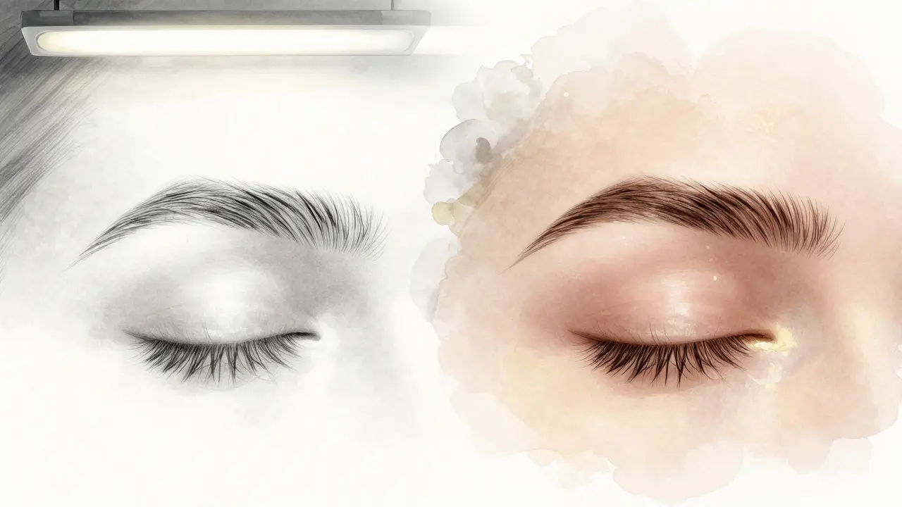 Side-by-side comparison of smudged pencil brows vs. natural wax-held brows.