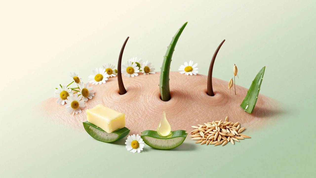 Skin follicles surrounded by natural soothing ingredients like chamomile, oat, and aloe.