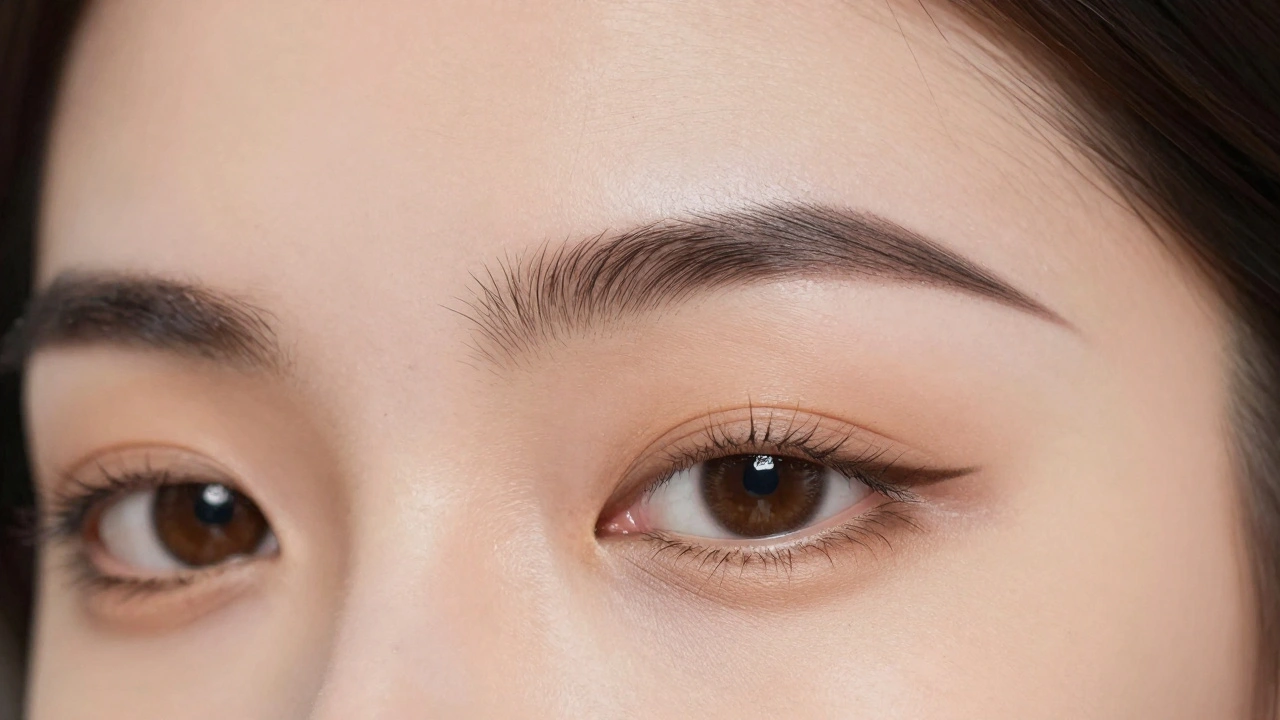 Soft powdered eyebrow tattoo with gradient finish on oily skin