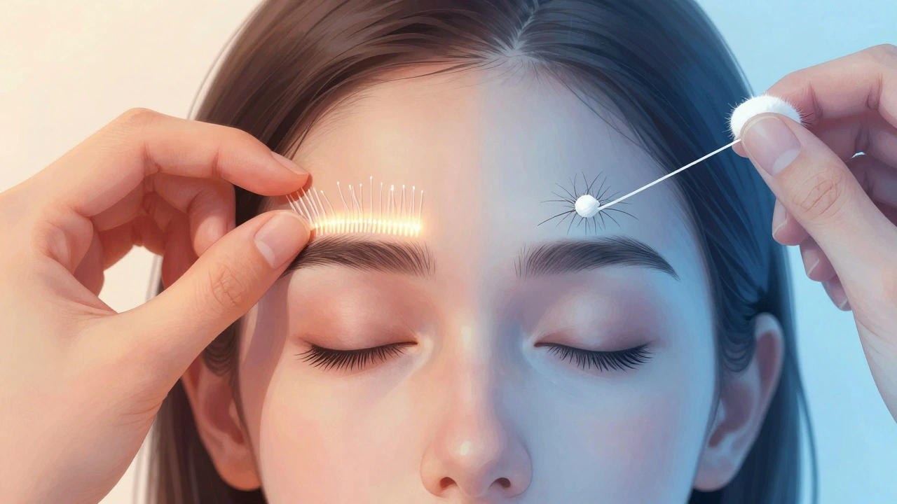 Split illustration showing ice application and threading technique with glowing nerve lines.