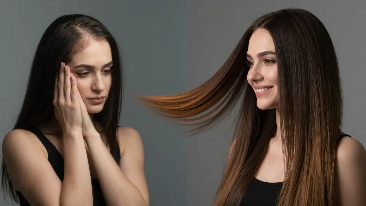 Split image showing transformation from thinning hair to full coverage with extensions.