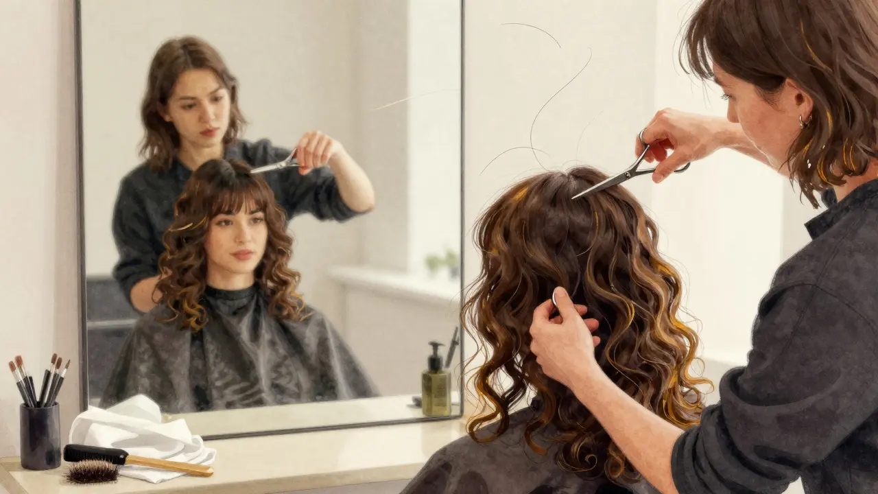 Stylist carefully cutting wispy bangs on curly hair in a sunlit salon.