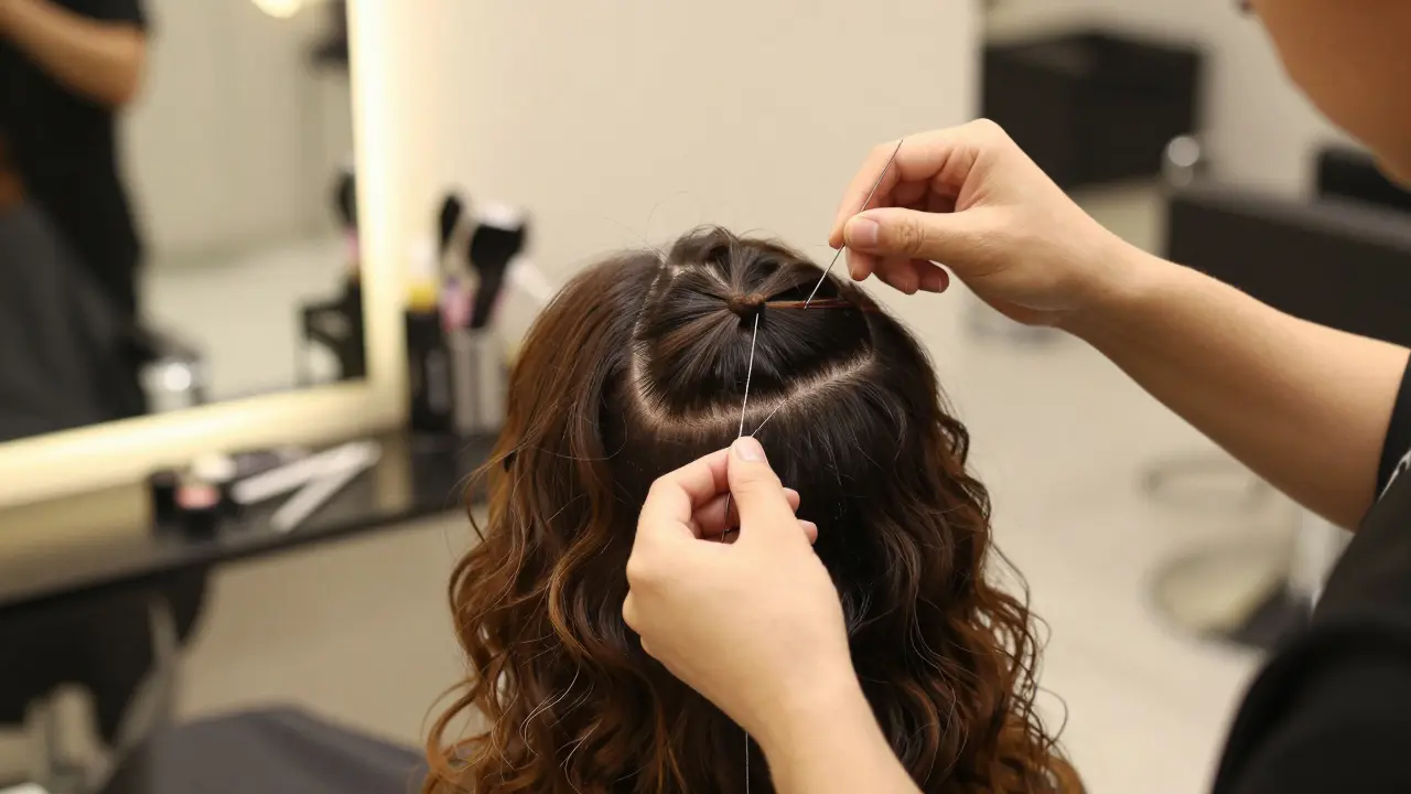 Stylist carefully installing hand-tied wefts on a client's scalp in a salon setting.