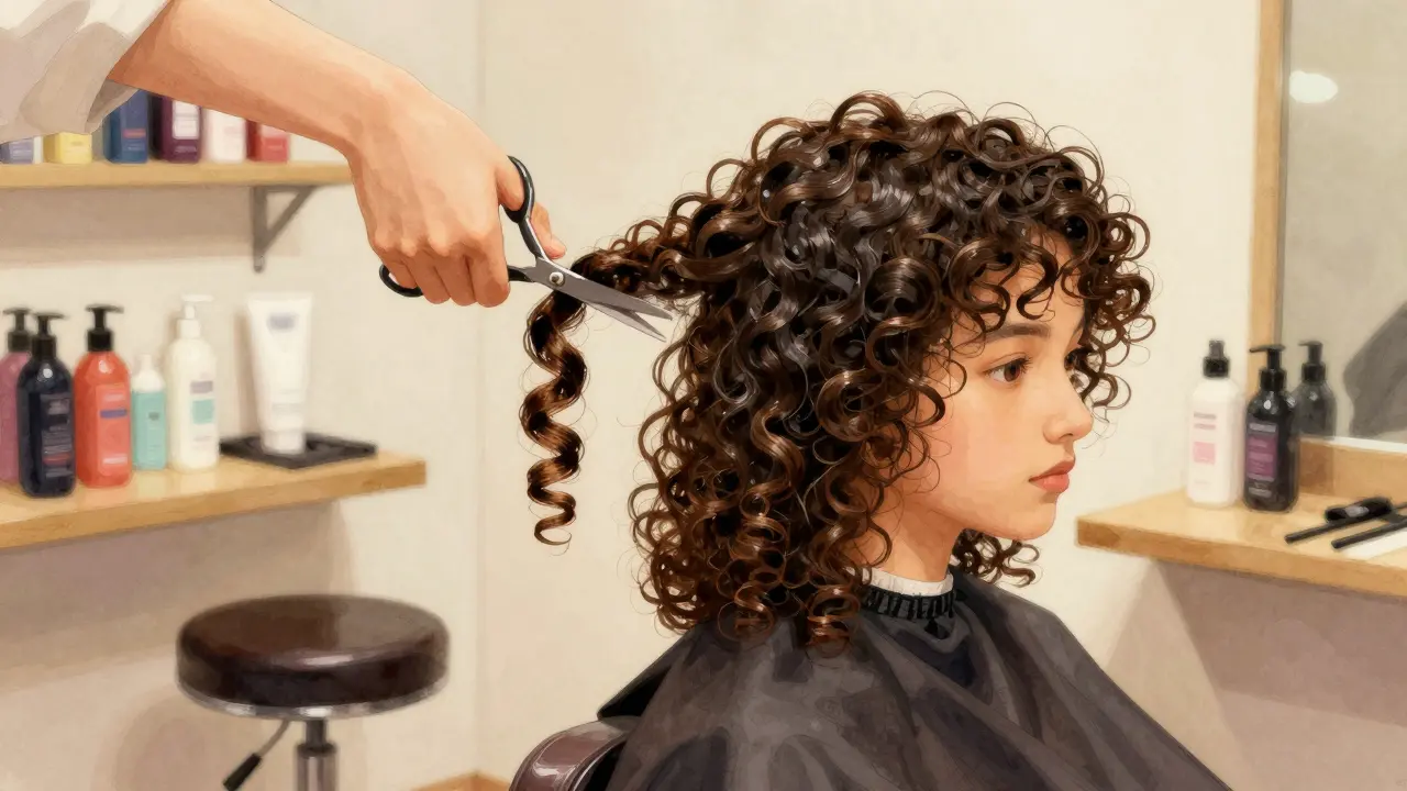 Stylist carefully trimming dry curly hair with precision scissors, curls falling naturally.