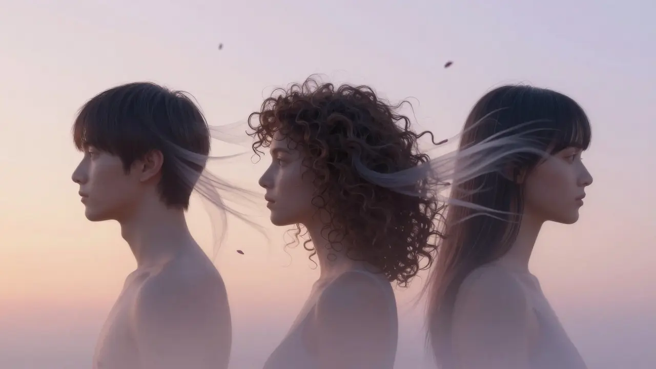 Three abstract figures with wispy bangs blending into flowing hair strands.