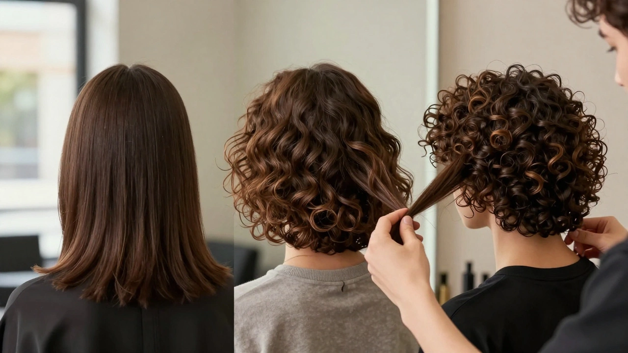 Three hair textures in textured bobs reflected in a salon mirror, stylist gently cutting strands.