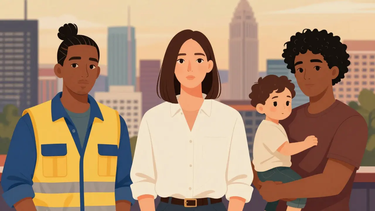 Three men with varied long hairstyles stand confidently in urban settings.