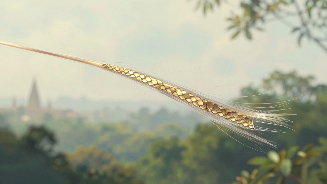 Transparent human hair strand with visible cuticles, floating against faint images of sourcing regions.