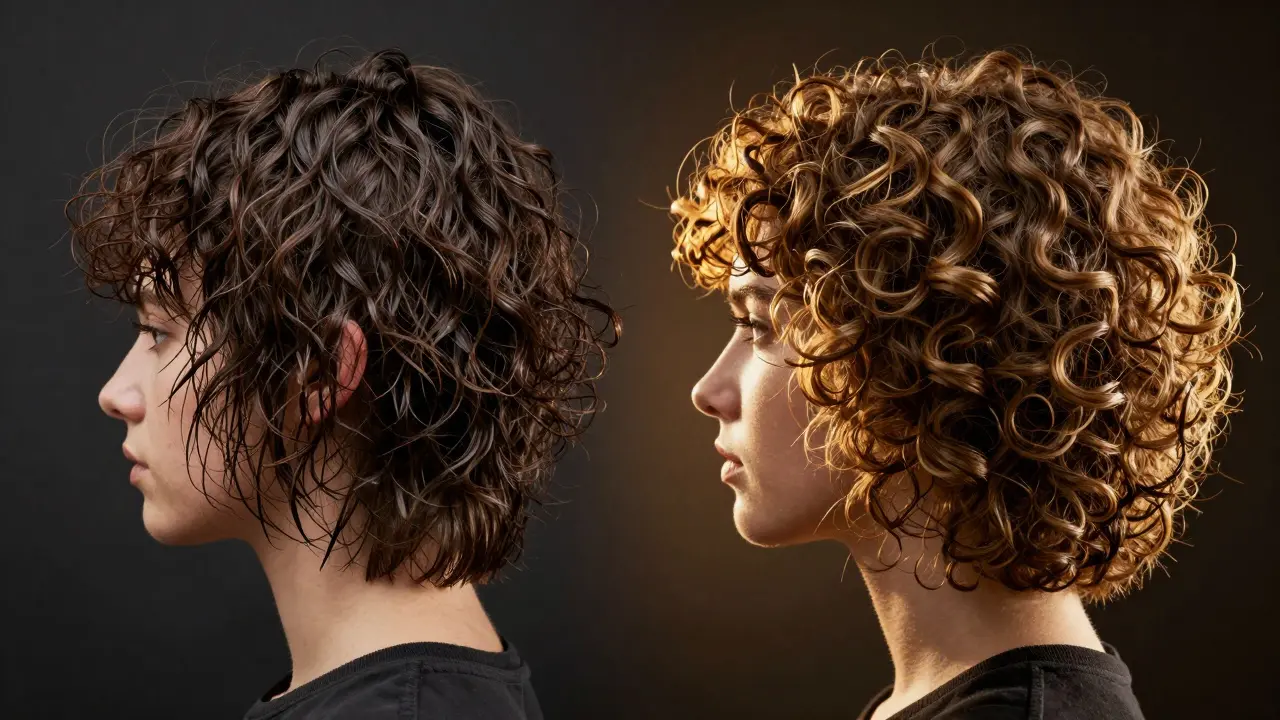 Two sides of curly hair: frizzy and heavy vs. defined and bouncy, symbolizing transformation.