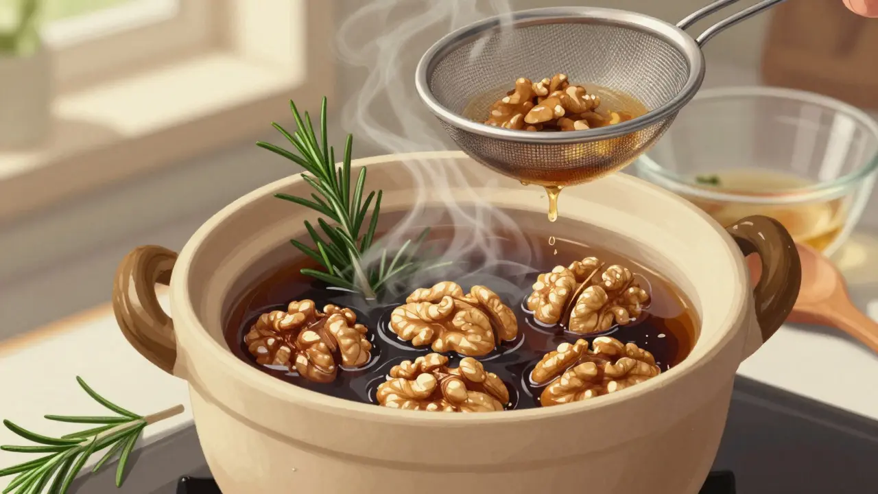 Walnut shells simmering in a ceramic pot, releasing dark brown dye with rosemary nearby.