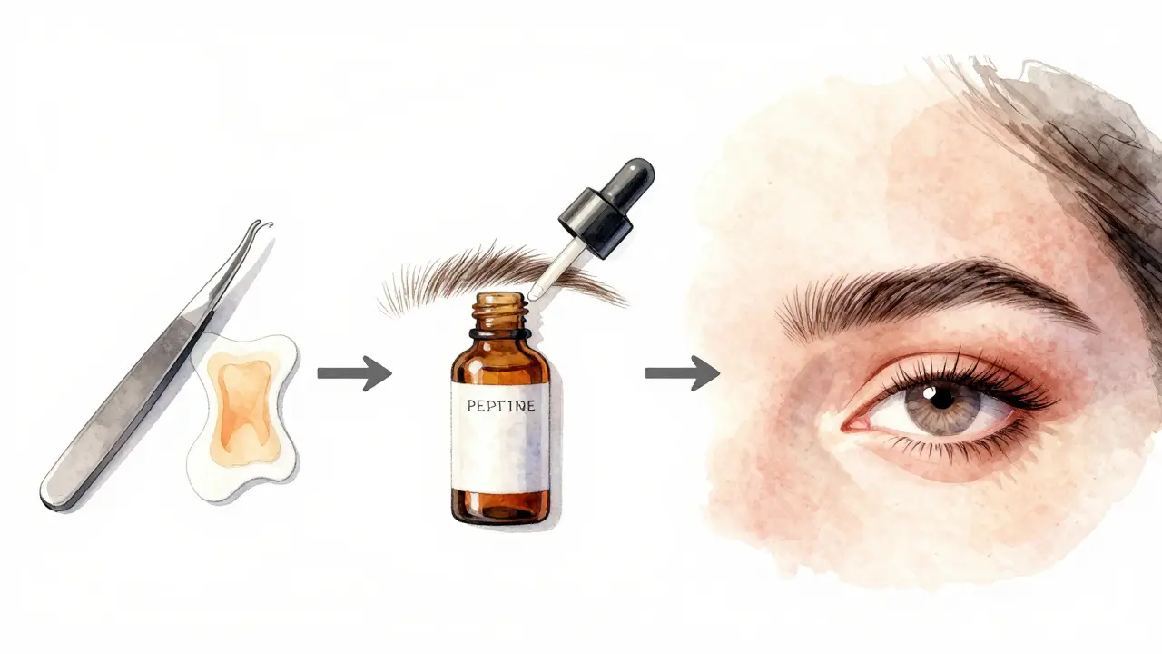 Watercolor timeline of eyebrow regrowth: discarded tools, serum application, full natural brows.