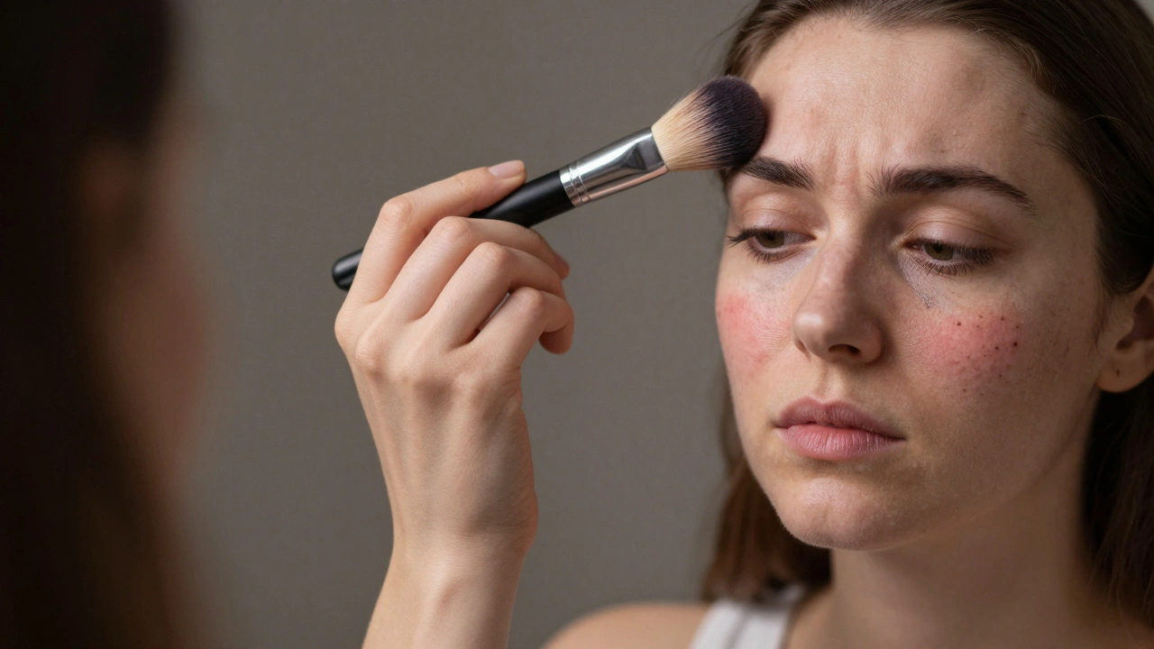 Woman hesitating to apply mineral powder to freshly waxed brows, with invisible bacteria overlay.